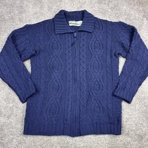 Navy Blue Aran Crafts Ireland Full Zip 100% Merano Wool Sweater size xs